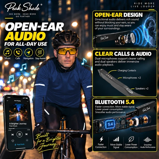 Alt view image 3 of 7 - Bluetooth Sunglasses with AI Translation, Night Vision Driving Smart Glasses, 133 Languages, Voice Recording, Hands-Free Calls, Polarized UV400, IP65 Waterproof Dustproof,Speaker Glasses