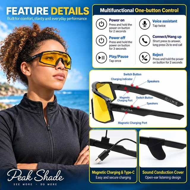 Alt view image 7 of 7 - Bluetooth Sunglasses with AI Translation, Night Vision Driving Smart Glasses, 133 Languages, Voice Recording, Hands-Free Calls, Polarized UV400, IP65 Waterproof Dustproof,Speaker Glasses