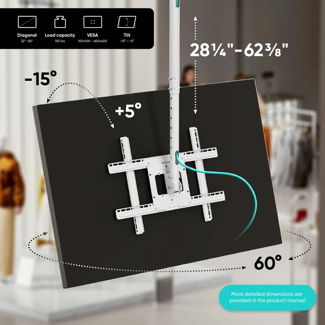 Alt view image 2 of 7 - Ceiling TV Mount 32-80 Inch, max 150 lbs, max VESA 600x400, White Drop down ceiling TV bracket with 28.2-62.4" height adjustment, swivel, tilt; wall/ceiling setup for home theater &