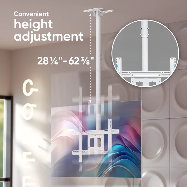 Alt view image 5 of 7 - Ceiling TV Mount 32-80 Inch, max 150 lbs, max VESA 600x400, White Drop down ceiling TV bracket with 28.2-62.4" height adjustment, swivel, tilt; wall/ceiling setup for home theater &