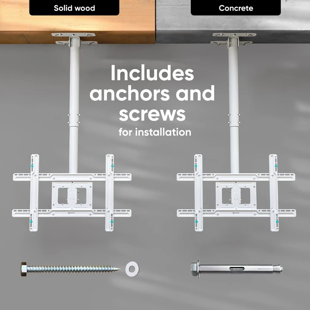 Alt view image 6 of 7 - Ceiling TV Mount 32-80 Inch, max 150 lbs, max VESA 600x400, White Drop down ceiling TV bracket with 28.2-62.4" height adjustment, swivel, tilt; wall/ceiling setup for home theater &