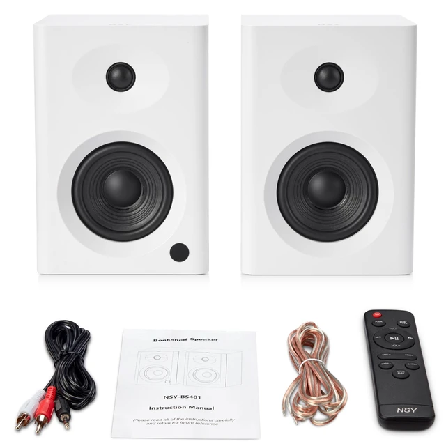 Alt view image 4 of 7 - 4-Inch Powered Bluetooth Bookshelf Speakers, White 60W Active Home Audio System w/ Wooden Enclosure & Remote, for TV, Turntable, Record Player, Computer, PC, RCA/AUX Input