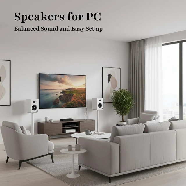 Alt view image 6 of 7 - 4-Inch Powered Bluetooth Bookshelf Speakers, White 60W Active Home Audio System w/ Wooden Enclosure & Remote, for TV, Turntable, Record Player, Computer, PC, RCA/AUX Input