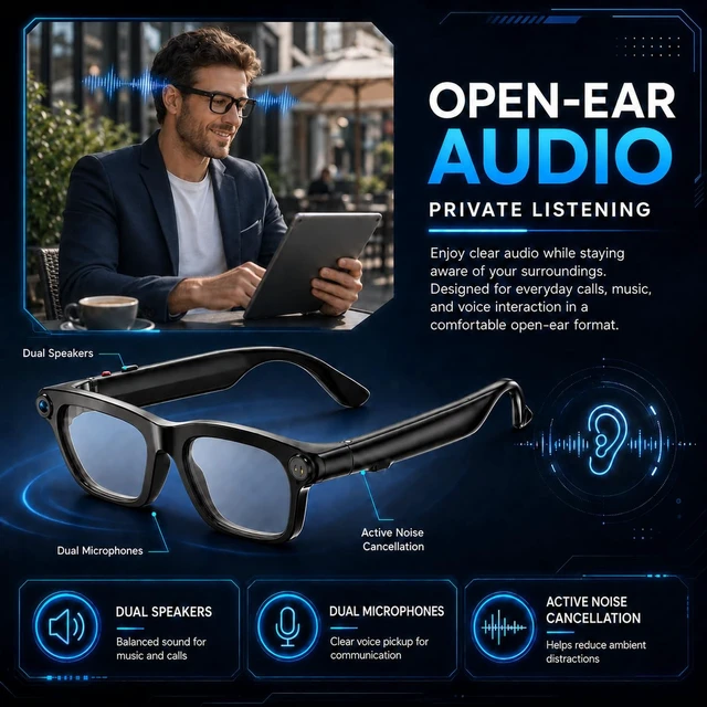 Alt view image 3 of 7 - AI Smart Glasses with Camera,4K HD Camera Glasses with Ai Assistant Video Recording Sunglasses with Real-Time Translation, Object Recognition, Open Ear Speaker, Photochromic Lens for Men Women