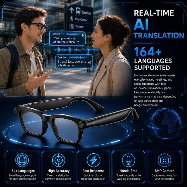 Alt view image 4 of 7 - AI Smart Glasses with Camera,4K HD Camera Glasses with Ai Assistant Video Recording Sunglasses with Real-Time Translation, Object Recognition, Open Ear Speaker, Photochromic Lens for Men Women