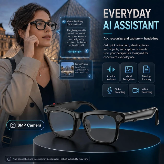 Alt view image 5 of 7 - AI Smart Glasses with Camera,4K HD Camera Glasses with Ai Assistant Video Recording Sunglasses with Real-Time Translation, Object Recognition, Open Ear Speaker, Photochromic Lens for Men Women