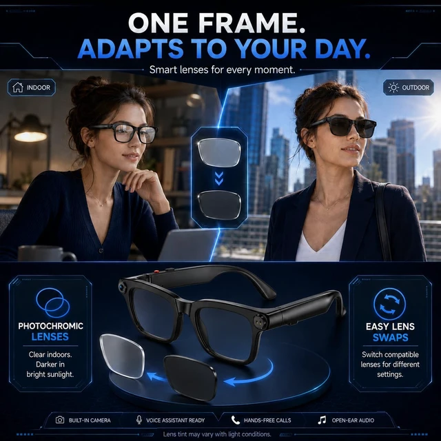 Alt view image 6 of 7 - AI Smart Glasses with Camera,4K HD Camera Glasses with Ai Assistant Video Recording Sunglasses with Real-Time Translation, Object Recognition, Open Ear Speaker, Photochromic Lens for Men Women