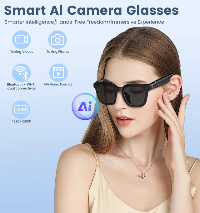 Alt view image 2 of 7 - AI Smart Camera Glasses 1080P HD - Bluetooth Video Recording Glasses with Voice Control, Wearable Sport Camera Eyeglasses for Driving, Hiking, Outdoor & Open on Computer-Black