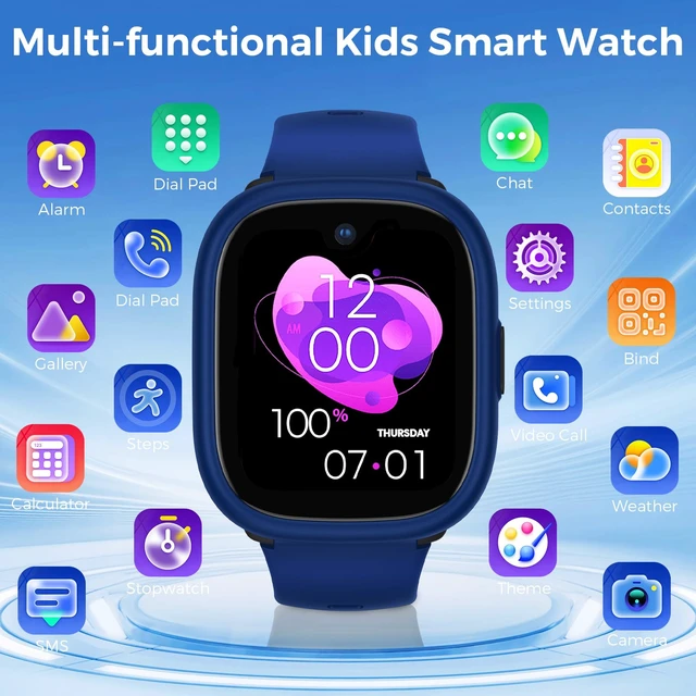 Alt view image 2 of 7 - Kids Smart Watch with SIM Card Slot, GPS Tracker, Call & Video Call, Real-Time Location, Safe Zone Alert, Parental Control, School Mode, Gift for Boys Girls Age 3-15 (Blue)