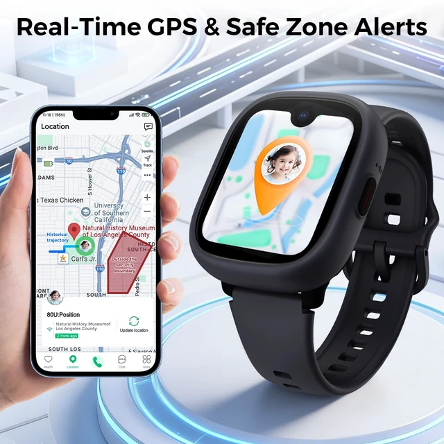 Alt view image 4 of 7 - Kids Smart Watch with SIM Card Slot, GPS Tracker, Call & Video Call, Real-Time Location, Safe Zone Alert, Parental Control, School Mode, Gift for Boys Girls Age 3-15(Black)