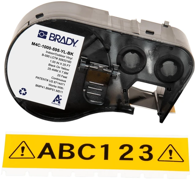 Main image of Authentic (M4C-1000-595-YL-BK) All-Weather Vinyl Labels 1 in W x 25ft Black on Yellow. for use with BMP41, BMP51, M410, M510, and M511 Label Printers