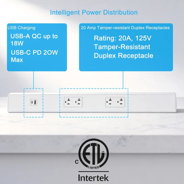 Alt view image 4 of 7 - 16 inch Hardwired Power Strip with 4 Tamper Resistant Outlets and 2 Type A USB, White