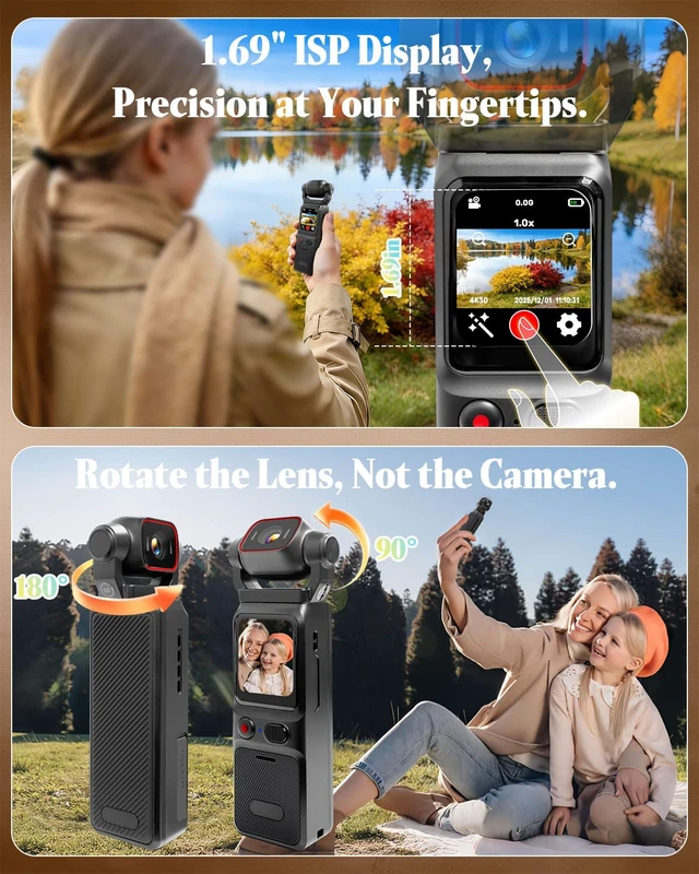 Alt view image 3 of 7 - 4K Vlogging Camera, Portable Pocket Camera (WiFi & 64GB Card) 3000mAh Battery, 1.69" Display, 6-Axis Stabilizer & EIS, 150° Wide-Angle Body Cam for Travel YouTube & TikTok
