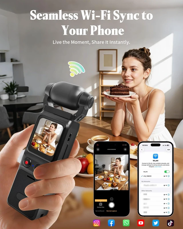 Alt view image 4 of 7 - 4K Vlogging Camera, Portable Pocket Camera (WiFi & 64GB Card) 3000mAh Battery, 1.69" Display, 6-Axis Stabilizer & EIS, 150° Wide-Angle Body Cam for Travel YouTube & TikTok