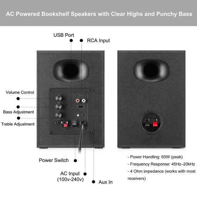 Alt view image 4 of 7 - 4-Inch Powered Bluetooth Bookshelf Speakers, Walnut 60W Active Home Audio System w/ Wooden Enclosure & RCA/AUX Inputs, Remote, for Turntable, Record Player, Desktop Computer, PC