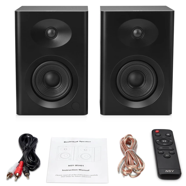 Alt view image 5 of 7 - 4-Inch Powered Bluetooth Bookshelf Speakers, Walnut 60W Active Home Audio System w/ Wooden Enclosure & RCA/AUX Inputs, Remote, for Turntable, Record Player, Desktop Computer, PC