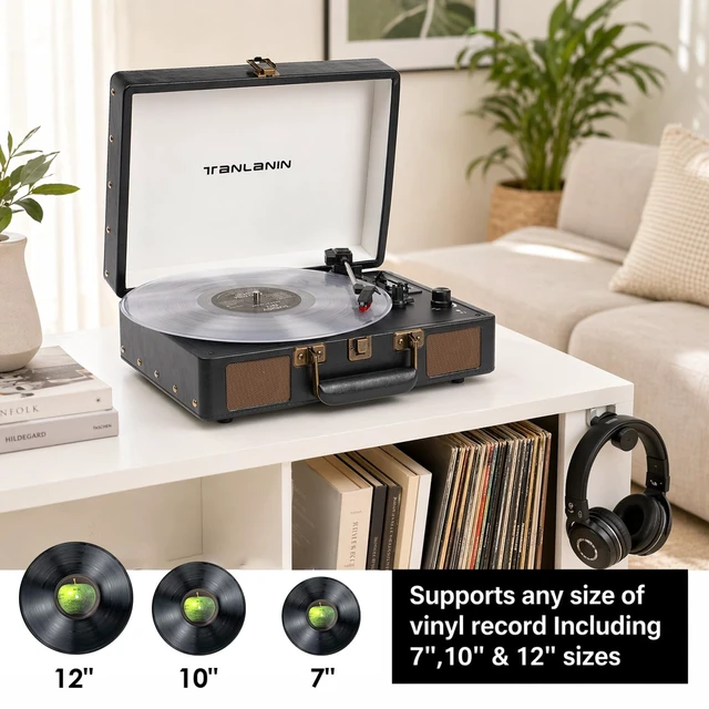 Alt view image 2 of 7 - ® Vinyl Record Player with Built-in Speakers, 3-Speed Bluetooth Input Turntable, USB/TF Record & Play, LED Display, Headphone Jack, RCA Out, AUX in, Auto Stop, Black Leather