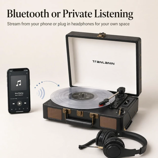 Alt view image 3 of 7 - ® Vinyl Record Player with Built-in Speakers, 3-Speed Bluetooth Input Turntable, USB/TF Record & Play, LED Display, Headphone Jack, RCA Out, AUX in, Auto Stop, Black Leather