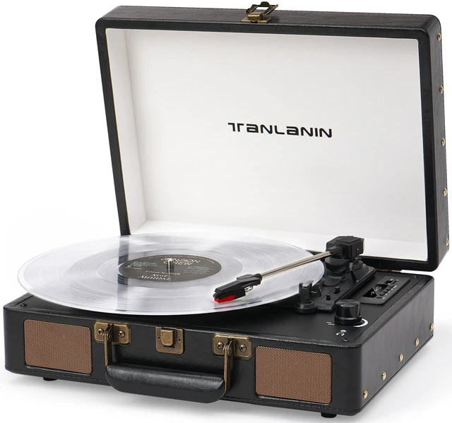 Main image of ® Vinyl Record Player with Built-in Speakers, 3-Speed Bluetooth Input Turntable, USB/TF Record & Play, LED Display, Headphone Jack, RCA Out, AUX in, Auto Stop, Black Leather