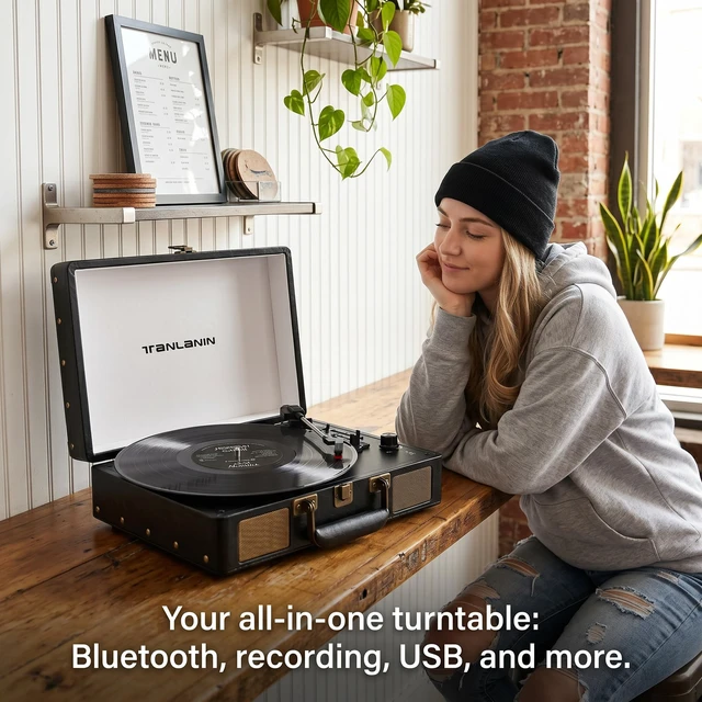 Alt view image 4 of 7 - ® Vinyl Record Player with Built-in Speakers, 3-Speed Bluetooth Input Turntable, USB/TF Record & Play, LED Display, Headphone Jack, RCA Out, AUX in, Auto Stop, Black Leather