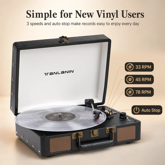 Alt view image 5 of 7 - ® Vinyl Record Player with Built-in Speakers, 3-Speed Bluetooth Input Turntable, USB/TF Record & Play, LED Display, Headphone Jack, RCA Out, AUX in, Auto Stop, Black Leather