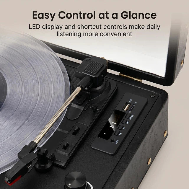 Alt view image 7 of 7 - ® Vinyl Record Player with Built-in Speakers, 3-Speed Bluetooth Input Turntable, USB/TF Record & Play, LED Display, Headphone Jack, RCA Out, AUX in, Auto Stop, Black Leather