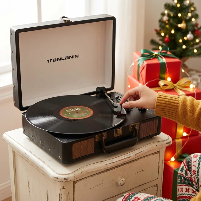 Alt view image 6 of 7 - ® Vinyl Record Player with Built-in Speakers, 3-Speed Bluetooth Input Turntable, USB/TF Record & Play, LED Display, Headphone Jack, RCA Out, AUX in, Auto Stop, Black Leather