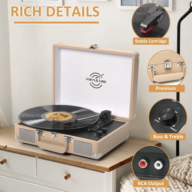 Alt view image 2 of 7 - Vinyl Record Player Bluetooth with Treble & Bass Gain Vintage Portable Suitcase Turntable LP Player with Built-in Speakers, 33 45 78 RPM, Belt Drive, Auto Stop, RCA/AUX/Headphone Jack