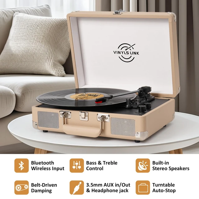 Alt view image 5 of 7 - Vinyl Record Player Bluetooth with Treble & Bass Gain Vintage Portable Suitcase Turntable LP Player with Built-in Speakers, 33 45 78 RPM, Belt Drive, Auto Stop, RCA/AUX/Headphone Jack