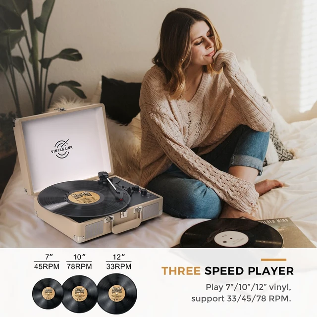 Alt view image 6 of 7 - Vinyl Record Player Bluetooth with Treble & Bass Gain Vintage Portable Suitcase Turntable LP Player with Built-in Speakers, 33 45 78 RPM, Belt Drive, Auto Stop, RCA/AUX/Headphone Jack