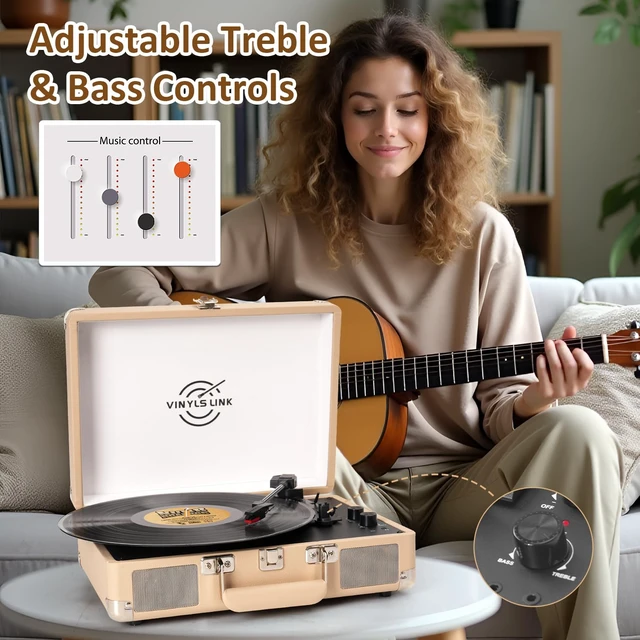 Alt view image 3 of 7 - Vinyl Record Player Bluetooth with Treble & Bass Gain Vintage Portable Suitcase Turntable LP Player with Built-in Speakers, 33 45 78 RPM, Belt Drive, Auto Stop, RCA/AUX/Headphone Jack