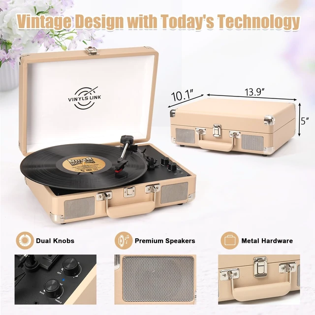 Alt view image 4 of 7 - Vinyl Record Player Bluetooth with Treble & Bass Gain Vintage Portable Suitcase Turntable LP Player with Built-in Speakers, 33 45 78 RPM, Belt Drive, Auto Stop, RCA/AUX/Headphone Jack