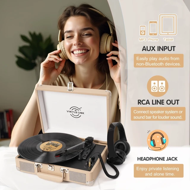 Alt view image 7 of 7 - Vinyl Record Player Bluetooth with Treble & Bass Gain Vintage Portable Suitcase Turntable LP Player with Built-in Speakers, 33 45 78 RPM, Belt Drive, Auto Stop, RCA/AUX/Headphone Jack
