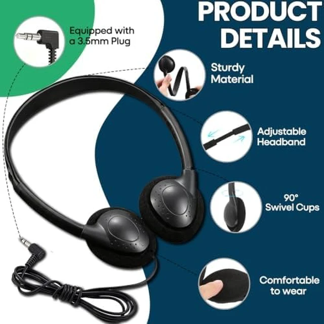 Alt view image 3 of 7 - Bulk Wired Headphones 50 Pack for Black for School Classroom Students Wholesales Stereo on Ear Headphones for Children Toddler Teen Skids Boys Girls