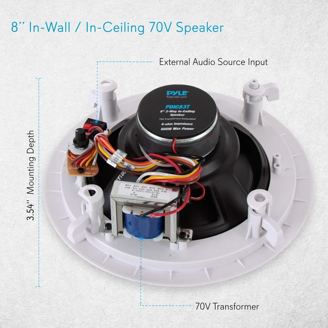 Alt view image 2 of 7 - Ceiling Mount Speaker - 8 600W Peak - 2-Way 70V Transformer for Commercial Restaurant Audio, Surround Sound, Flush Design in-Wall Installation - PDIC83T - 1pc (White)