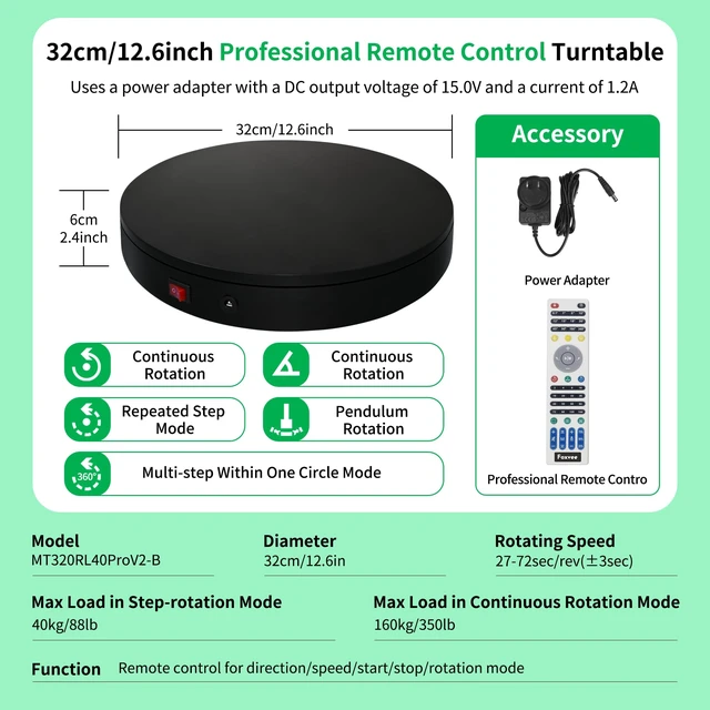 Alt view image 2 of 7 - Remote-Controlled Motorized Turntable,Motorized Rotating Display Stand,Speed-Adjustable Rotating Platform,Multi-Mode 360° Photography Turntable for 3D Scan,Photography,Showcase(12.6inch/Black)
