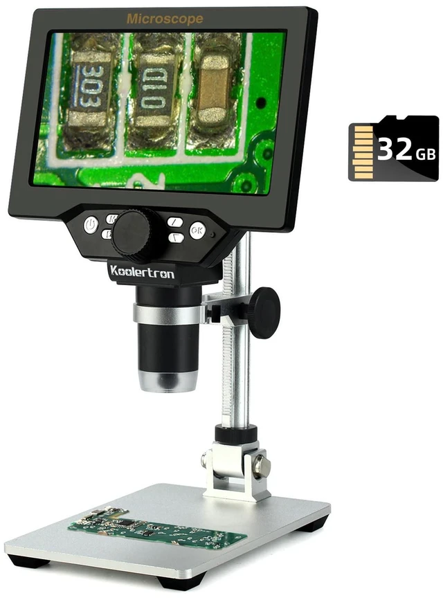 Main image of 7" LCD Digital Microscope, 1080P USB Camera, 32GB 12MP 1-1200X Magnification,8 Adjustable LED Lights,Rechargeable Battery,Ideal for Coin,PCB,Insect,Rock,and Jewelry Inspection