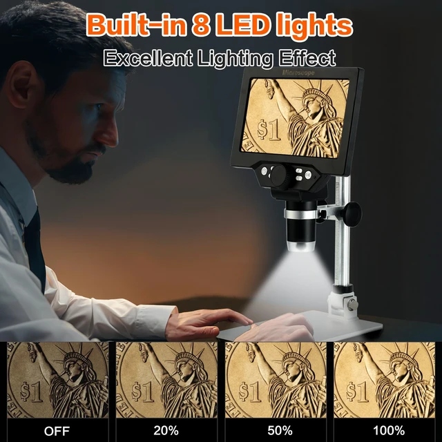 Alt view image 4 of 7 - 7" LCD Digital Microscope, 1080P USB Camera, 32GB 12MP 1-1200X Magnification,8 Adjustable LED Lights,Rechargeable Battery,Ideal for Coin,PCB,Insect,Rock,and Jewelry Inspection
