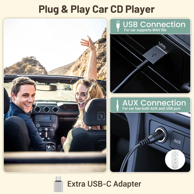 Alt view image 3 of 7 - USB CD Player for Car Portable External Car CD Player Support AUX Anti-Skip Car CD Player for Vehicle, AUX Output, Supports CD/CD-R/CD-RW/MP3/WAV, Remote, USB-C Adapter Included