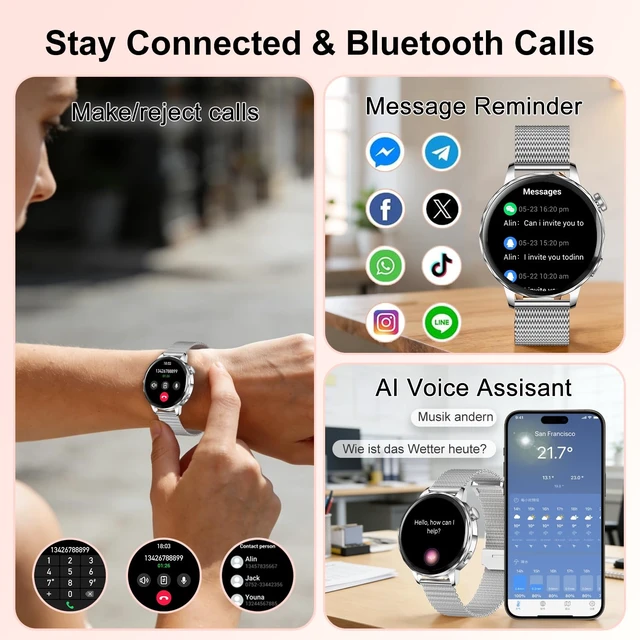 Alt view image 4 of 7 - Smart Watches for Women,1.27" High Clear 3D Curved Screen Smart Watch with Bluetooth Calls,3 Bands,HR/Steps/Calories/BP/Sleep Tracker,120+ Sports IP68 Activity Tracker Android&iOS Silver