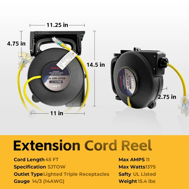 Alt view image 3 of 7 - 45 FT 14 Gauge SJTOW Retractable Extension Cord, Heavy Duty Power Cord, 11 Amp 125V 1375W, Triple Outlet Electric Cord Reel, Ceiling or Wall Mount, UL Listed