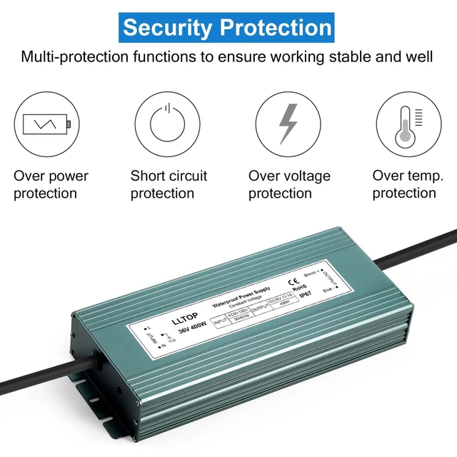 Alt view image 2 of 6 - 36V DC Power Supply Waterproof IP67 Transformer 400W 11.1A AC100-130V Input, Aluminum Case, Constant Voltage Converter, Outdoor Transformer for LED Lights, For Pump Humidifier