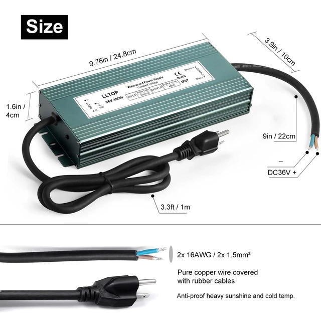Alt view image 3 of 6 - 36V DC Power Supply Waterproof IP67 Transformer 400W 11.1A AC100-130V Input, Aluminum Case, Constant Voltage Converter, Outdoor Transformer for LED Lights, For Pump Humidifier