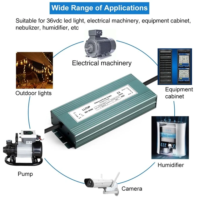 Alt view image 4 of 6 - 36V DC Power Supply Waterproof IP67 Transformer 400W 11.1A AC100-130V Input, Aluminum Case, Constant Voltage Converter, Outdoor Transformer for LED Lights, For Pump Humidifier