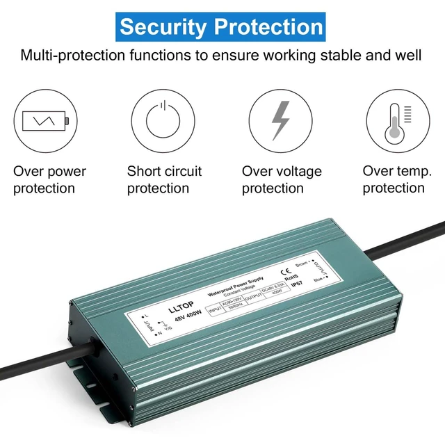 Alt view image 2 of 6 - 48V DC Power Supply Waterproof IP67 Transformer 400W 8.33A AC100-130V Input, Aluminum Case, Constant Voltage Converter, Outdoor Transformer for LED Lights, For Pump Humidifier
