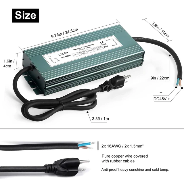 Alt view image 3 of 6 - 48V DC Power Supply Waterproof IP67 Transformer 400W 8.33A AC100-130V Input, Aluminum Case, Constant Voltage Converter, Outdoor Transformer for LED Lights, For Pump Humidifier