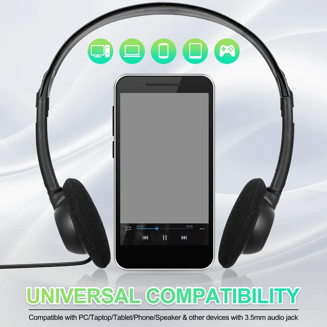 Alt view image 4 of 7 - 100 Pieces Classroom School Headphones Bulk on Ear Headphone with 3.5mm Headphone Plug in Adjustable Disposable for Kids Adults Student Noise Stereo Sound Library No Microphone
