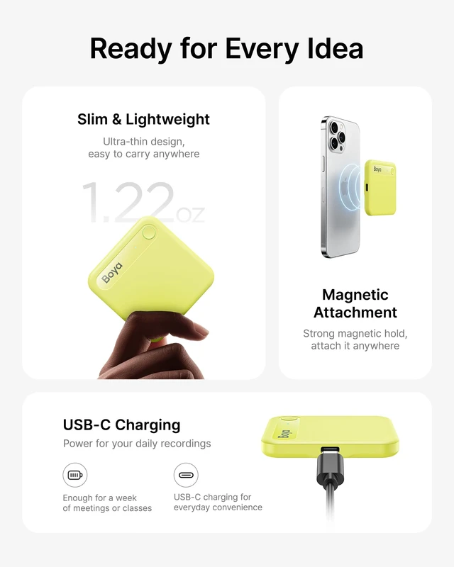Alt view image 5 of 7 - Notra Neo AI Voice Recorder for Meetings, Classes & Calls AI Note Taker with AI Transcription & Summaries, 3 Recording Modes, 114 Languages, Magnetic Attachment, USB-C Charging,Yellow