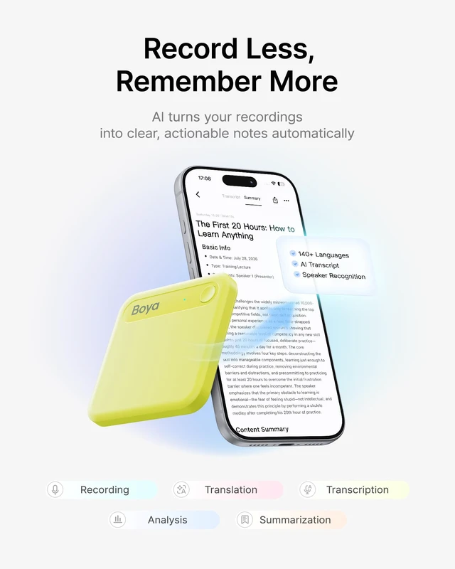 Alt view image 4 of 7 - Notra Neo AI Voice Recorder for Meetings, Classes & Calls AI Note Taker with AI Transcription & Summaries, 3 Recording Modes, 114 Languages, Magnetic Attachment, USB-C Charging,Yellow