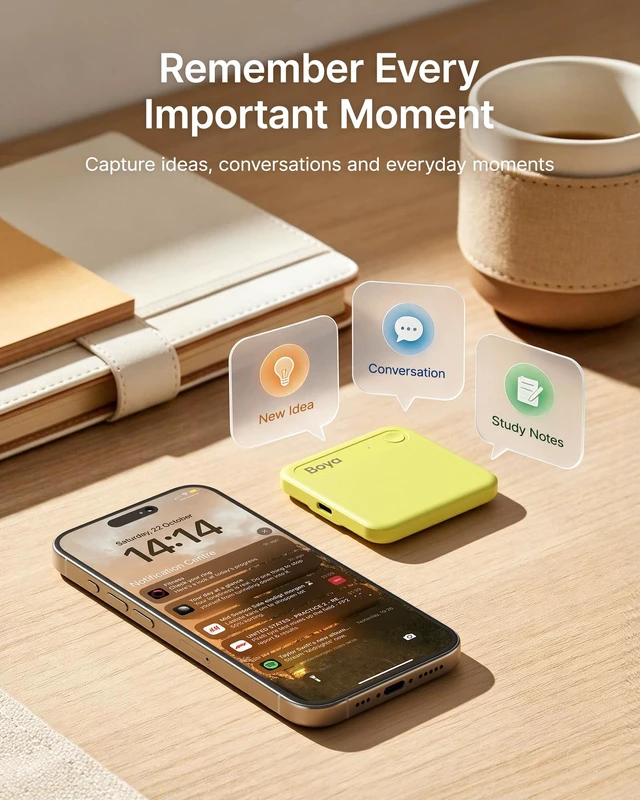 Alt view image 2 of 7 - Notra Neo AI Voice Recorder for Meetings, Classes & Calls AI Note Taker with AI Transcription & Summaries, 3 Recording Modes, 114 Languages, Magnetic Attachment, USB-C Charging,Yellow